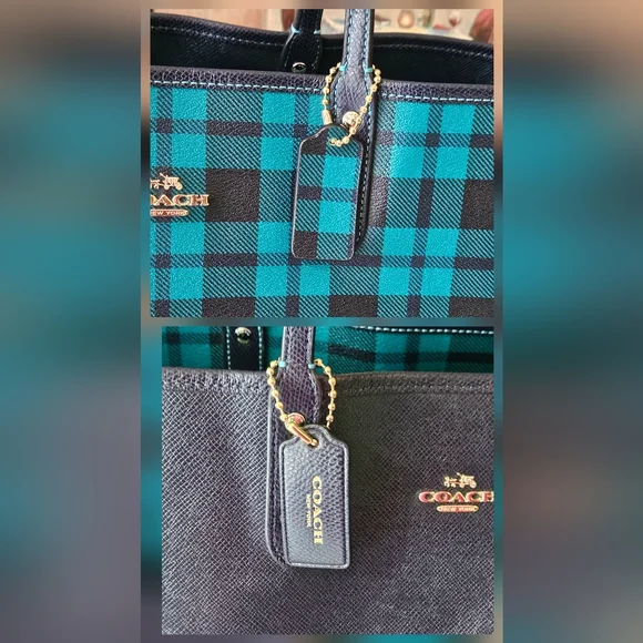 Coach Reversible City Tote In Riley Plaid/Blue With Pouch - Picture 3 of 10